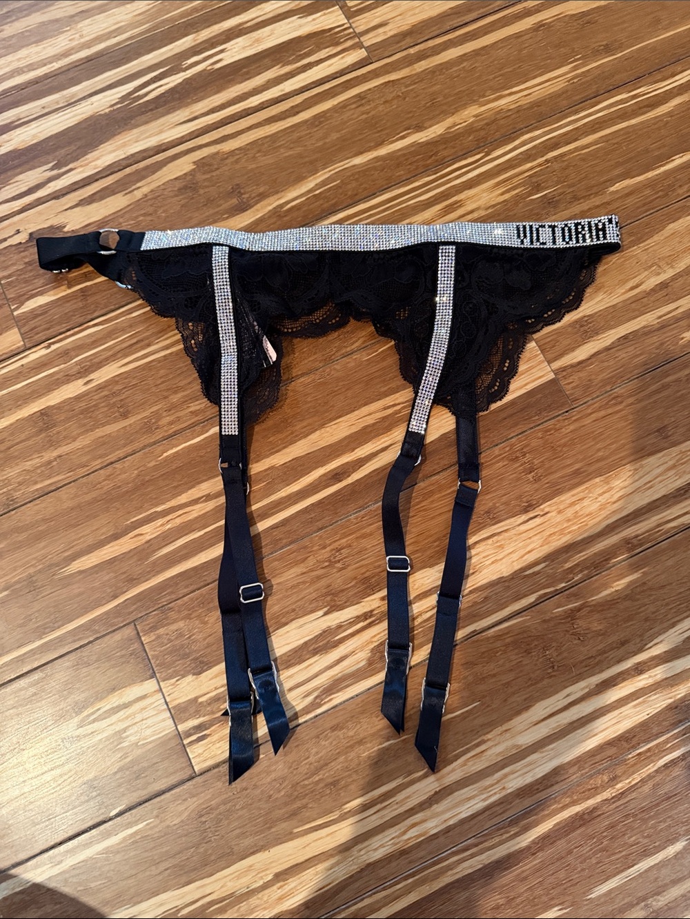 Victoria's Secret Black Lace Garter Belt with Rhinestone Trim
